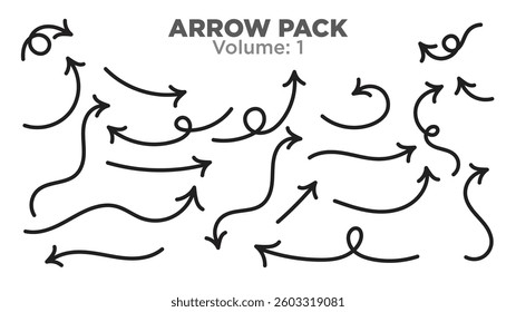 Vector illustration of curved arrows pack Vol 1 with different shapes of arrows and curve, black arrows pack