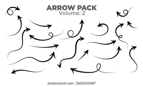 Vector illustration of curved arrows pack Vol 2 with different shapes of arrows and curve, black arrows pack