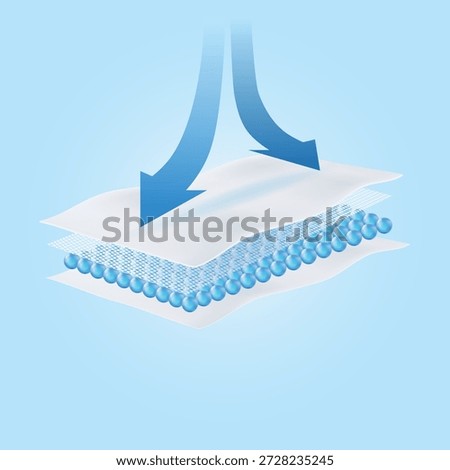 Vector illustration of curved blue arrows flowing into a multi-layer absorbent structure. Symbolizes breathable diaper technology, air circulation, and fresh air intake for dry, healthy skin.