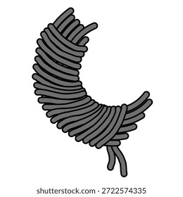 Ilustração vetorial de uma bobina curva de corda ou feixe de arame grosso. Ícone de arte de linha cinza minimalista de um cordão náutico semicircular ou rolo de cabo industrial isolado em um fundo branco.