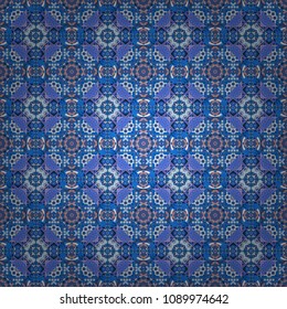 Vector illustration. Curved doodling background. Mehndi design in blue, violet and brown colors. Tracery seamless pattern. Ethnic colorful doodle texture.
