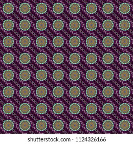 Vector illustration. Curved doodling background. Tracery seamless pattern in Mehndi style. Ethnic colorful doodle texture in brown, blue and purple colors.