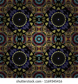 Vector illustration. Curved doodling background. Tracery seamless pattern. Ethnic colorful doodle texture. Mehndi design in black, blue and green colors.