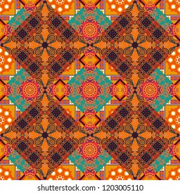 Vector illustration. Curved doodling background. Tracery seamless pattern in Mehndi style. Ethnic colorful doodle texture in yellow, orange and red colors.
