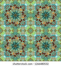 Vector illustration. Curved doodling background. Tracery seamless pattern in Mehndi style. Ethnic colorful doodle texture in orange, blue and green colors.