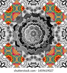 Vector illustration. Curved doodling background. Tracery seamless pattern in Mehndi style. Ethnic colorful doodle texture in gray, blue and pink colors.