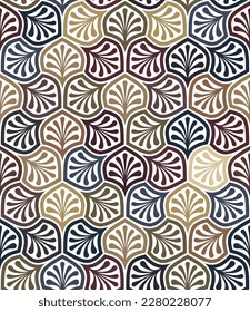 Ilustración vectorial con formas geométricas multicolores curvadas y elementos florales ornamentales en estilo Art Nouveau. Patrón abstracto sin inconvenientes. Para ser utilizado como fondo decorativo o textura textil.