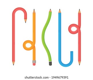 Vector illustration of curved pencil. Many arrows of different curvatures are scattered. 