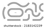 Vector illustration of curved railroad isolated on white background. Straight and curved railway train track icon set. Top view railroad train pathes. 