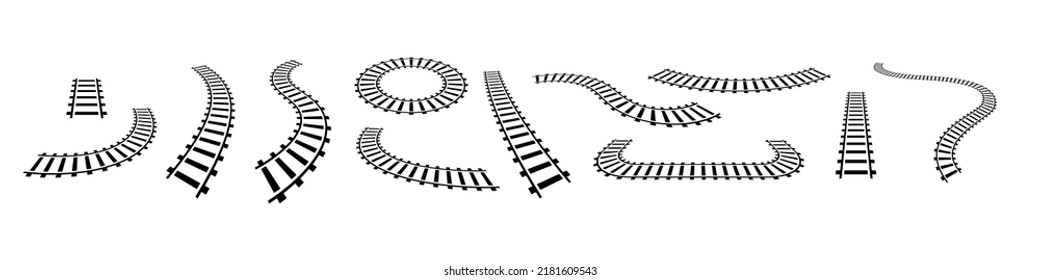 Vector illustration of curved railroad isolated on white background. Straight and curved railway train track icon set. Perspective view railroad train pathes. 
