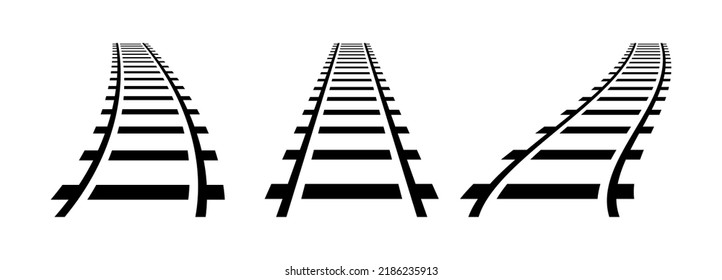 Vector illustration of curved railroad isolated on white background. Straight and curved railway train track icon set. Perspective view railroad train pathes. 
