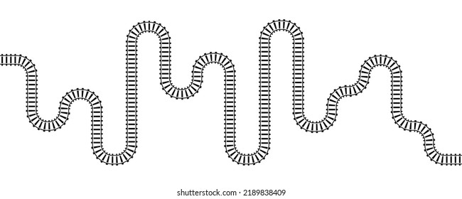 Vector illustration of curved railroad isolated on white background. Straight and curved railway train track. Top view railroad train path. 