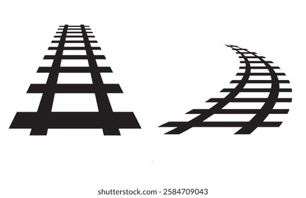 Vector illustration of curved railroad isolated on white background. Straight and curved railway train track icon set. Perspective view railroad train pathes.