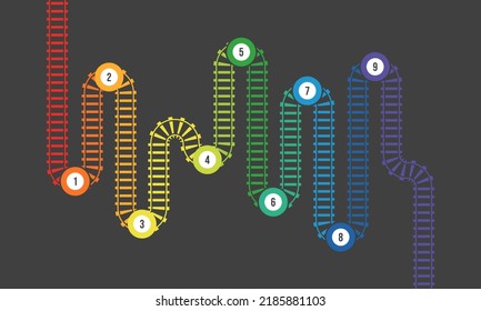 Ilustración vectorial del ferrocarril curvo con marcas aisladas en el fondo oscuro. Plantilla infográfica de la vía ferroviaria recta y curva. Ruta del tren de ferrocarril con vista superior. 