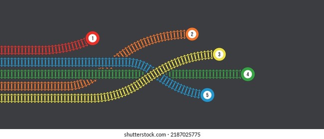 Ilustración vectorial del ferrocarril curvo con marcas aisladas en el fondo oscuro. Plantilla infográfica de la vía ferroviaria recta y curva. Ruta del tren de ferrocarril con vista superior. 