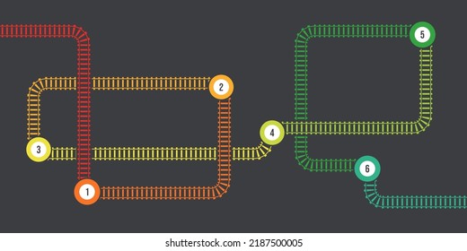 Ilustración vectorial del ferrocarril curvo con marcas aisladas en el fondo oscuro. Plantilla infográfica de la vía ferroviaria recta y curva. Ruta del tren de ferrocarril con vista superior. 