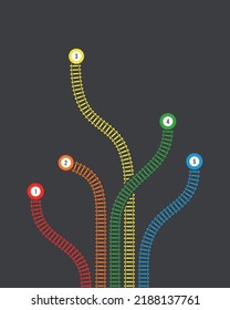 Vector Illustration Of Curved Railroad With Marks Isolated On Dark Background. Straight And Curved Railway Train Track Infographic Template. Top View Railroad Train Path. 