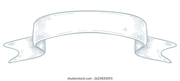 Vector illustration of a curved Ribbon banner with fine line shading. Outline pastel blue drawing of Scroll for titles, labels, menu headers in vintage style. Linear sketch of sign for retro cards.
