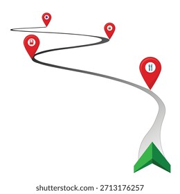 Vector illustration of a curved road map on a white background. The path features a green directional arrow and red location markers indicating stops for fuel, food, coffee, and a final destination.
