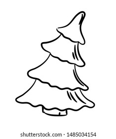 Vector illustration with a curved spruce on a white background. Festive tree icon. Outline drawing without color fill.