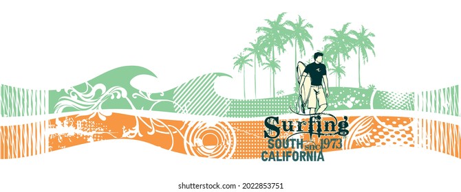 Vector illustration of curved stripes simulating waves and surfing related elements.