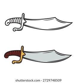 Vector illustration of a curved sword shown in outline and colored styles, featuring a decorative hilt and sharp blade, clean lines and flat design, ideal for icons, logos, or fantasy themes