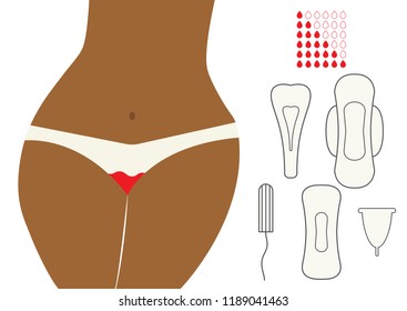 Vector illustration of curvy plus size african american woman with big hips in white pants with blood drops. Menstruation period. Feminine hygiene products. Woman critical days, hygiene protection