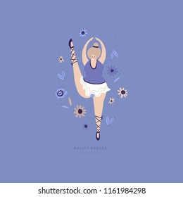 Vector illustration of curvy woman as a ballerina. Happy female dancing ballet. Flat style vector illustration