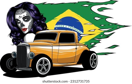 vector illustration of custom hot rod with girl and brazil flag