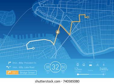 Vector illustration of a custom Navigation system showing a tracking navigation in progress in the streets of New York.