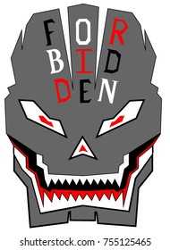 A vector illustration of a custom skull front face with sharp edges and no curves colored in dark grey and have sharp shark teeth colored in black red and white design and word FORBIDDEN on it