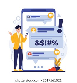 Vector illustration of customer discontent concept, showing unhappy clients giving negative feedback and complaints