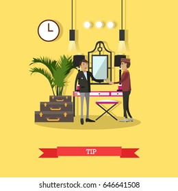 Vector illustration of customer male giving tip to hotel porter for carrying his luggage. Tip concept flat style design element.