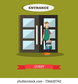 Vector illustration of customer male standing in front of hotel door. Hotel guest concept flat style design element.