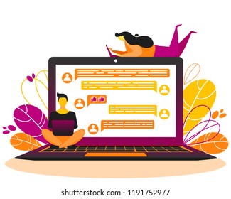 Vector illustration of customer and operator, online support for web site. Male hotline operator advises client in flat style