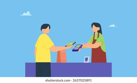 Vector illustration of customer paying payment using mobile phone at shop. Digital payment concept. A shop assistant holding payment machine at counter with customer paying with mobile phone.