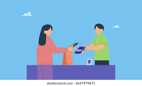 Vector illustration of customer paying payment using credit card at shop. Digital payment concept. A shop assistant holding payment machine at counter with customer paying with a credit card.