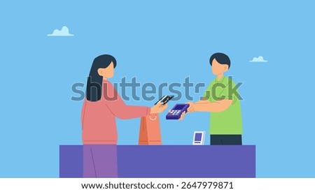 Vector illustration of customer paying payment using credit card at shop. Digital payment concept. A shop assistant holding payment machine at counter with customer paying with a credit card.