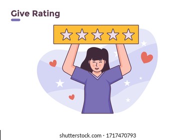 vector illustration customer review five rating stars feedback. banner 
 give rating online shop taxi booking transportation mobile application concept. please rate us give 5 stars. ui ux web apps. 