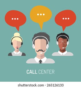 Vector illustration of customer service, call center operators icons with headsets