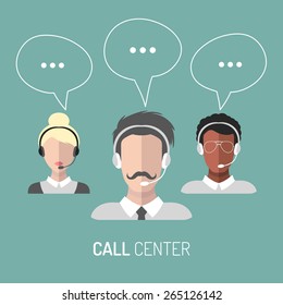 Vector illustration of customer service, call center operators icons with headsets