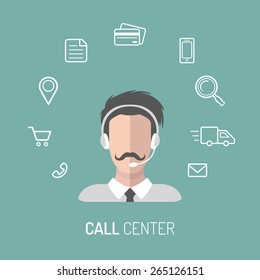 Vector illustration of customer service, call center operator icons with headsets