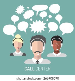 Vector illustration of customer service, call center operator icons with headsets with blank speech bubbles