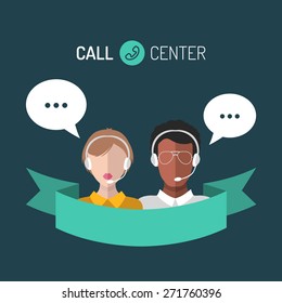 Vector illustration of customer service, call center operators icons with headsets