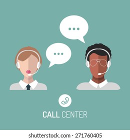 Vector illustration of customer service, call center operators icons with headsets