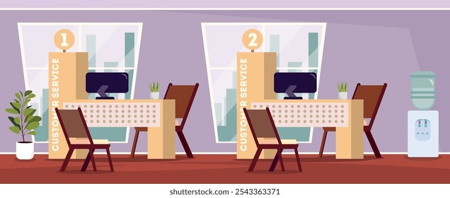 Vector illustration of customer service. Cartoon scene of the interior of an office for providing services to clients,tables with computers,flower pots,a water cooler, windows with a view of the city.