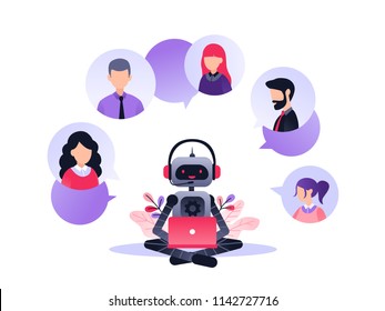 Vector illustration, customer service, chatbot hotline operator advises client, online global technical support 24-7, customer and robot operator. Artificial intelligence consulting people.