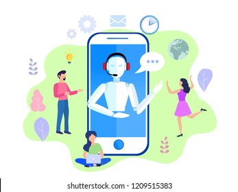 Vector illustration, customer service, chatbot hotline operator advises client, online global technical support 24-7, customer and robot operator. Artificial intelligence consulting people