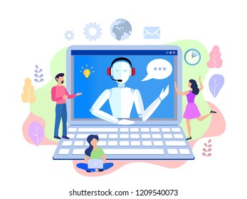 Vector illustration, customer service, chatbot hotline operator advises client, online global technical support 24-7, customer and robot operator. Artificial intelligence consulting people