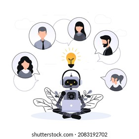 Vector illustration, customer service, chatbot hotline operator advises client, online global technical support 24-7, customer and robot operator. Artificial intelligence consulting people.